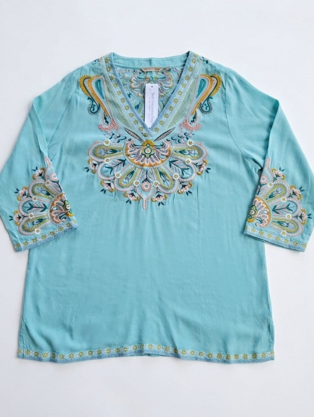 NWT Soft Surroundings Embroidered Light Blue Turquoise Viscose Tunic Top Size L